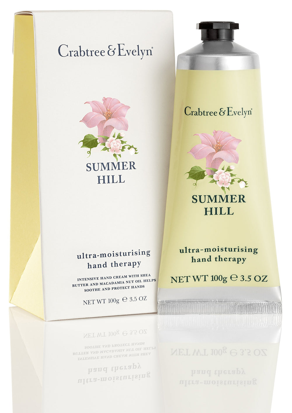 Crabtree & Evelyn Summer Hill hand therapy bottle closeup for nourishing moisture.