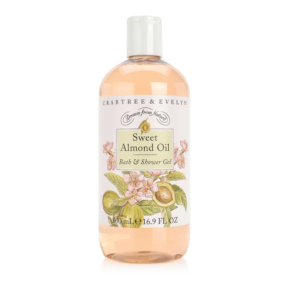 Crabtree & Evelyn Sweet Almond Oil bath gel bottle pour demonstrates hydrating cleanse for soft skin.