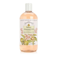 Crabtree & Evelyn Sweet Almond Oil bath gel bottle pour demonstrates hydrating cleanse for soft skin.