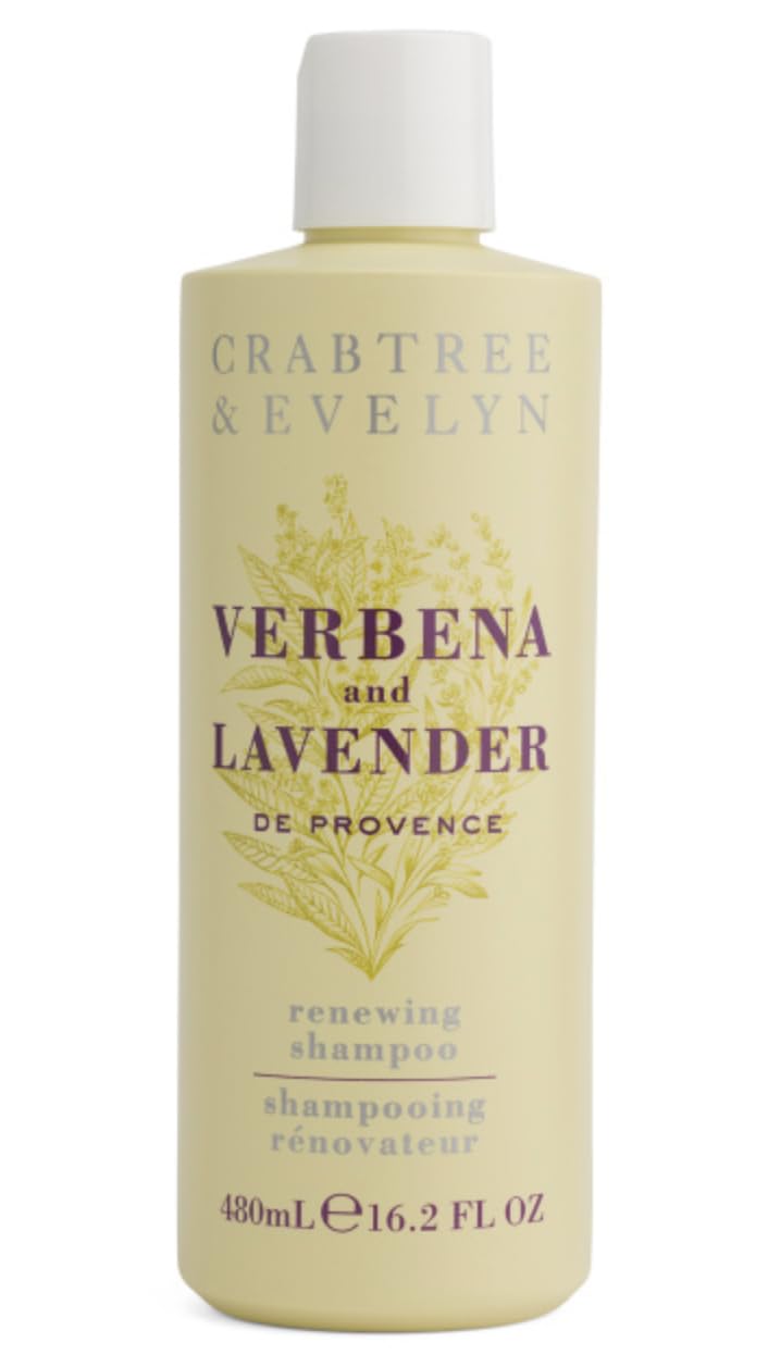 Crabtree & Evelyn Verbena & Lavender Renewing Shampoo bottle highlights scalp support and hair renewal.
