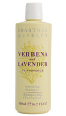 Crabtree & Evelyn Verbena & Lavender Renewing Shampoo bottle highlights scalp support and hair renewal.