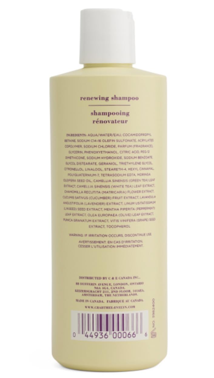 Crabtree & Evelyn Verbena & Lavender Renewing Shampoo closeup shows nourishing botanicals for hair care.