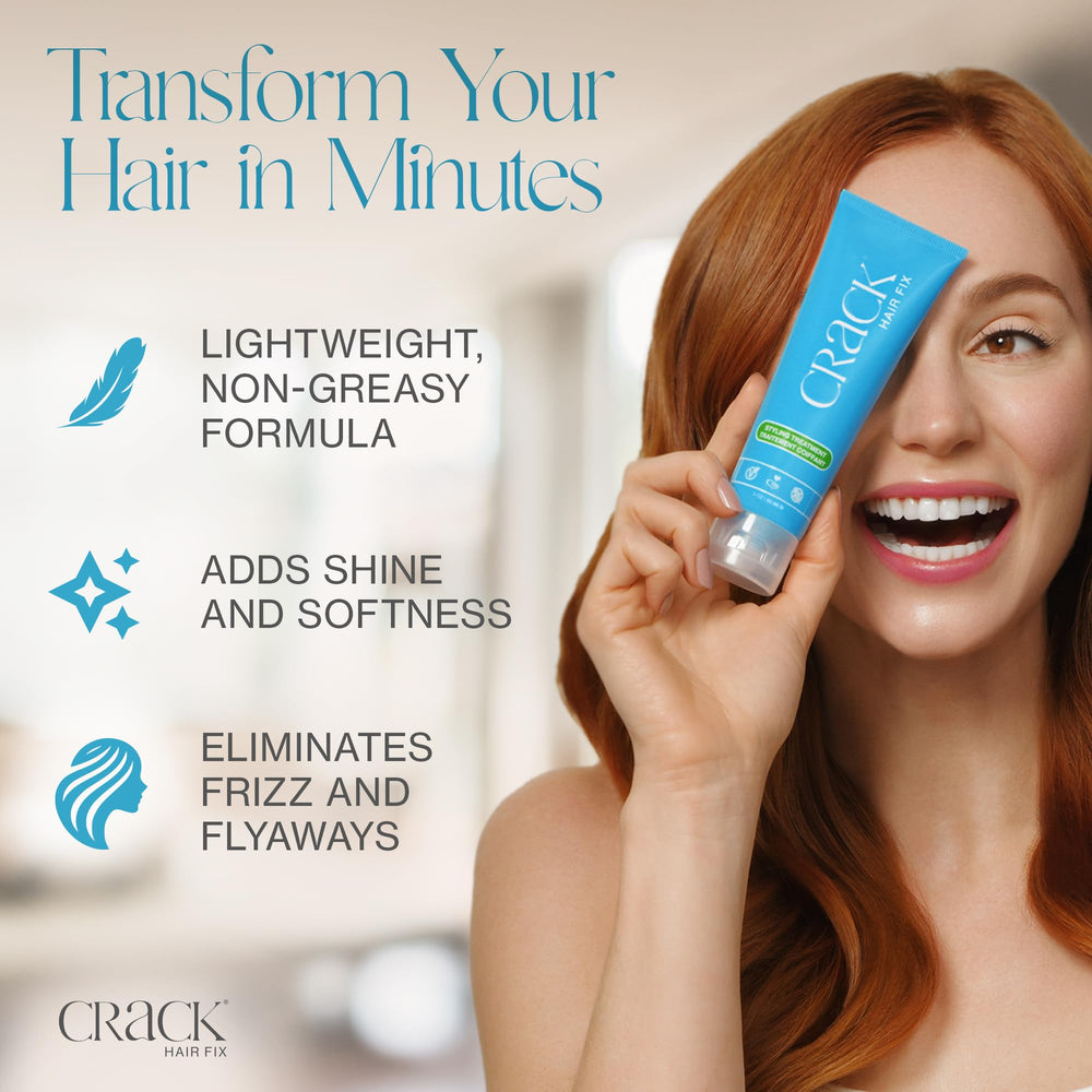 Crack Hair Fix cream close up demonstrates smoothing and shine on hair.