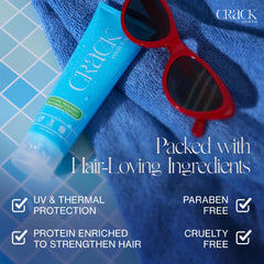 Crack Hair Fix frizz control on hands illustrates humidity defense.