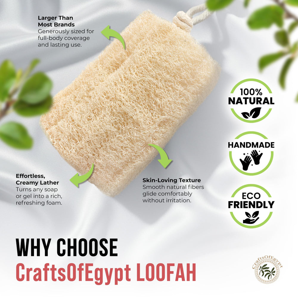 CraftsOfEgypt loofah sponge hand cut detail shows sturdy edges for daily cleansing.