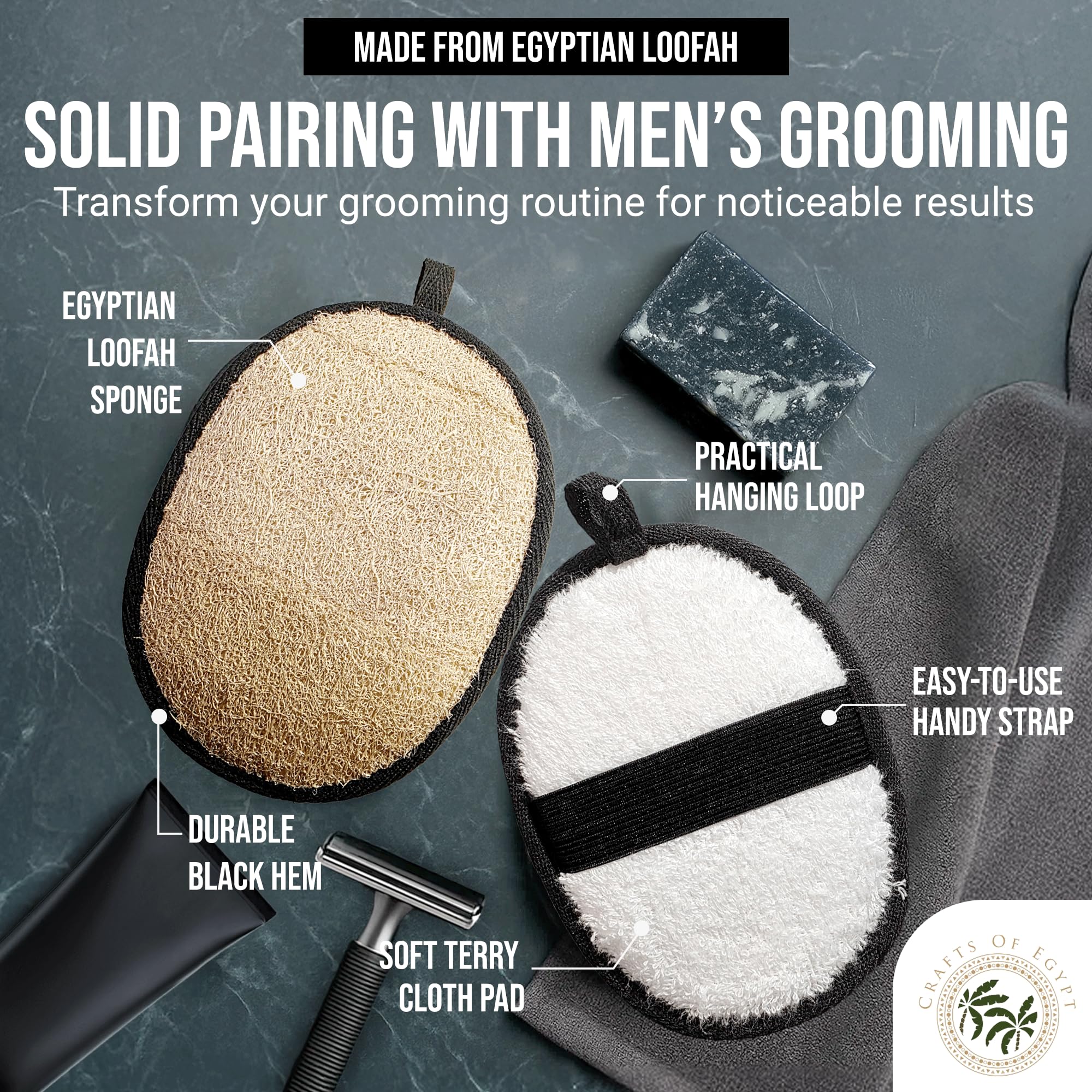CraftsOfEgypt mens skin care exfoliation use demonstrates rugged, refreshing body care.