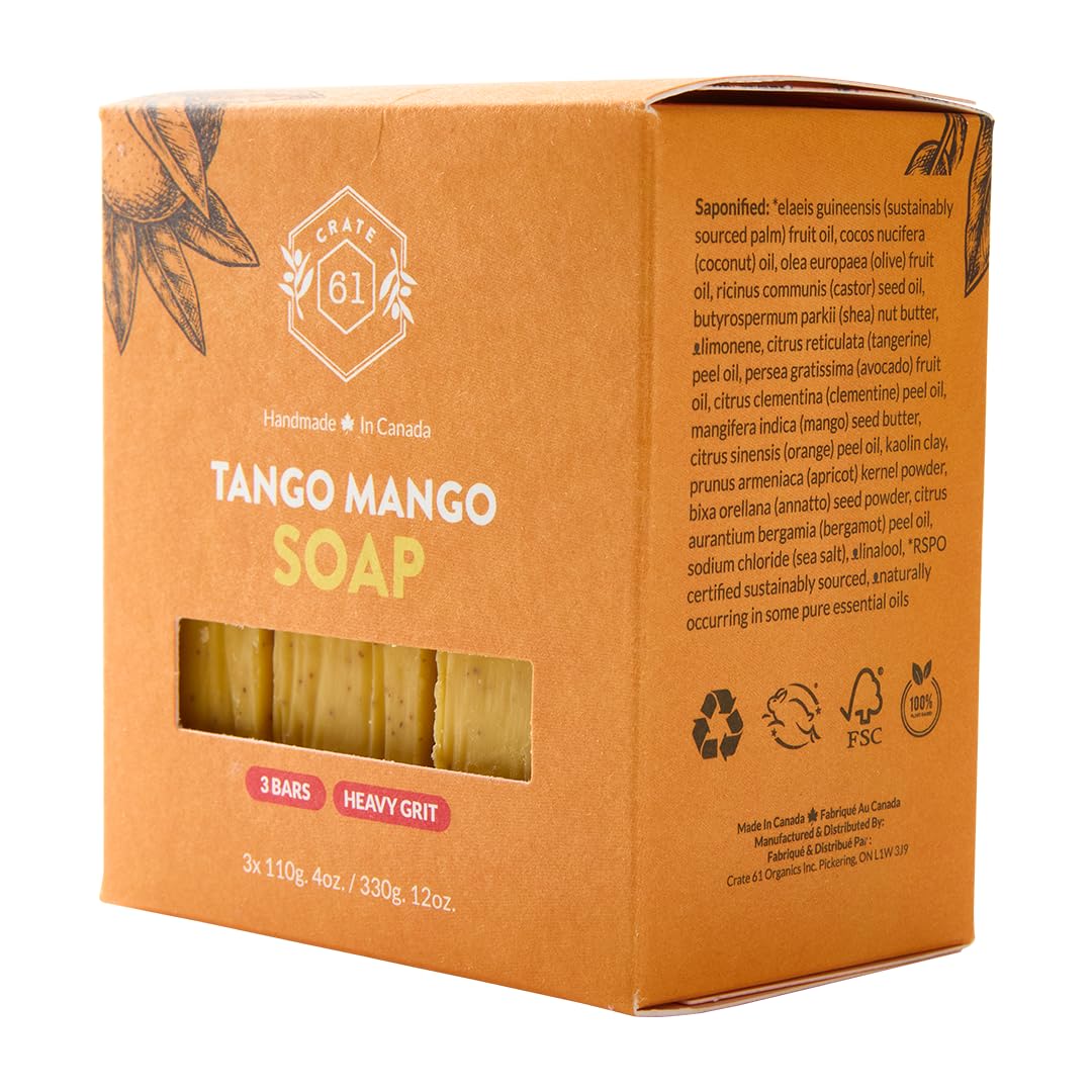 Crate 61 Organics mango soap 3-pack display for shared bathrooms.