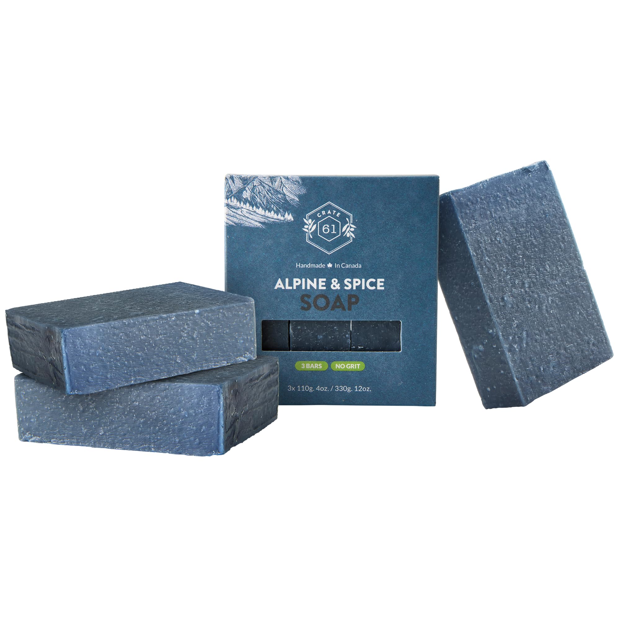 Crate 61 Organics alpine-spice-soap-pack rests on a bathroom shelf for daily cleansing.