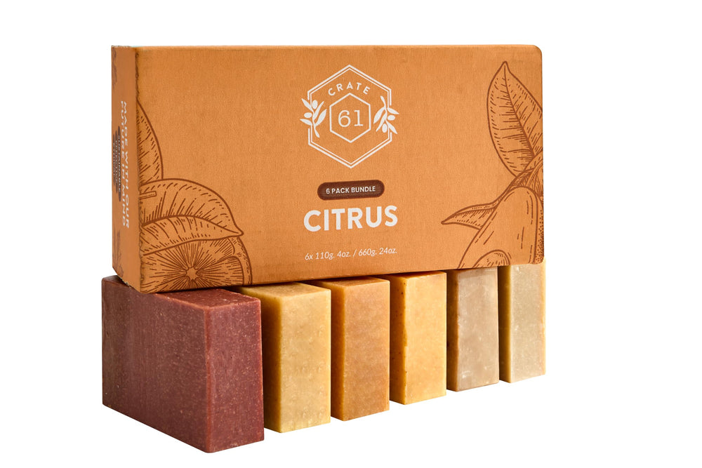 Crate 61 Organics Citrus soap bar slice reveals natural tint from botanical extracts