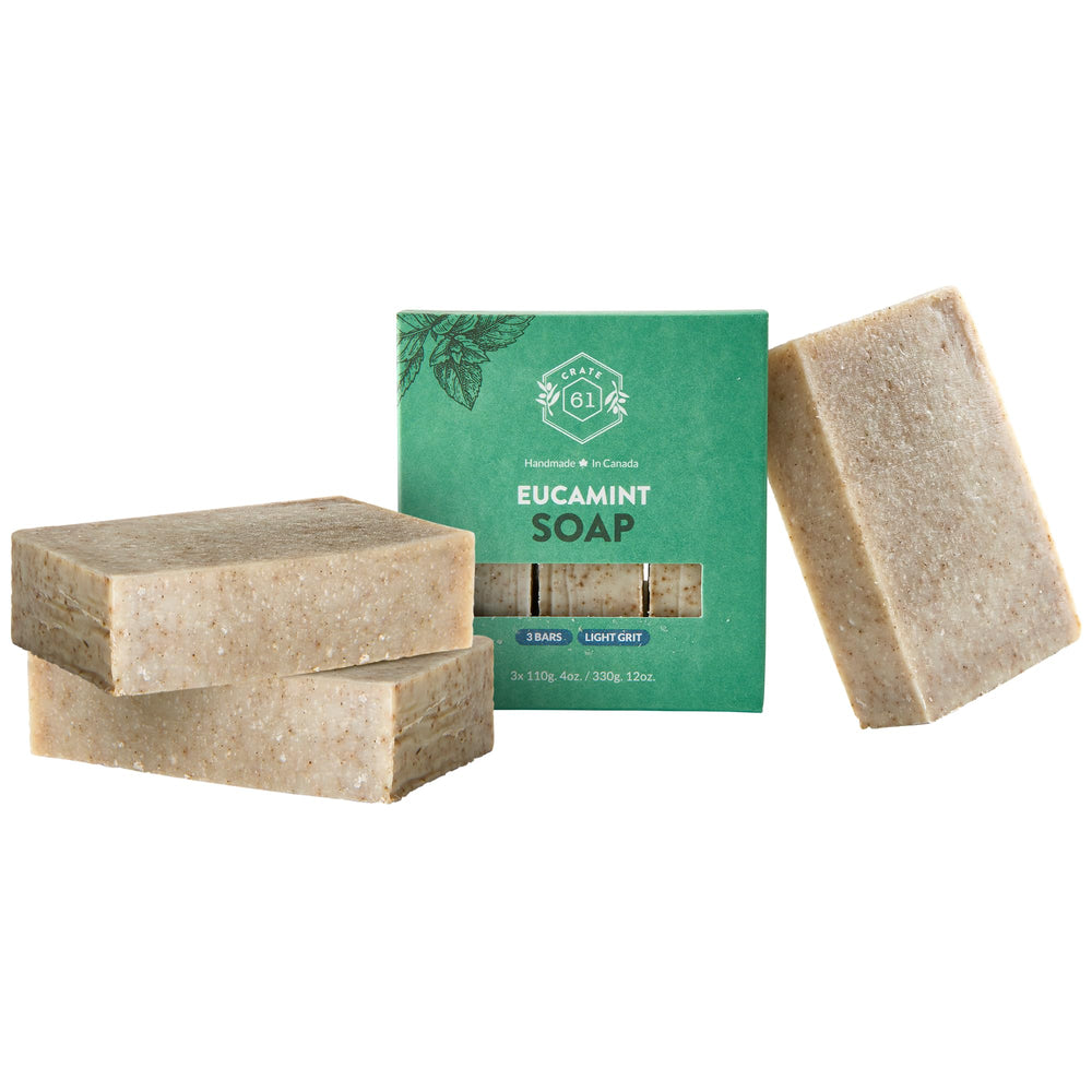 Crate 61 Organics Eucamint soap pack front view, handmade in Canada for gentle cleansing.