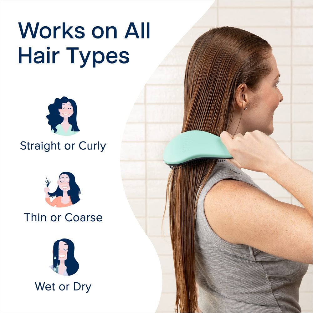 Crave Naturals Glide Thru detangler shown on wet hair, gliding through tangles without snagging.