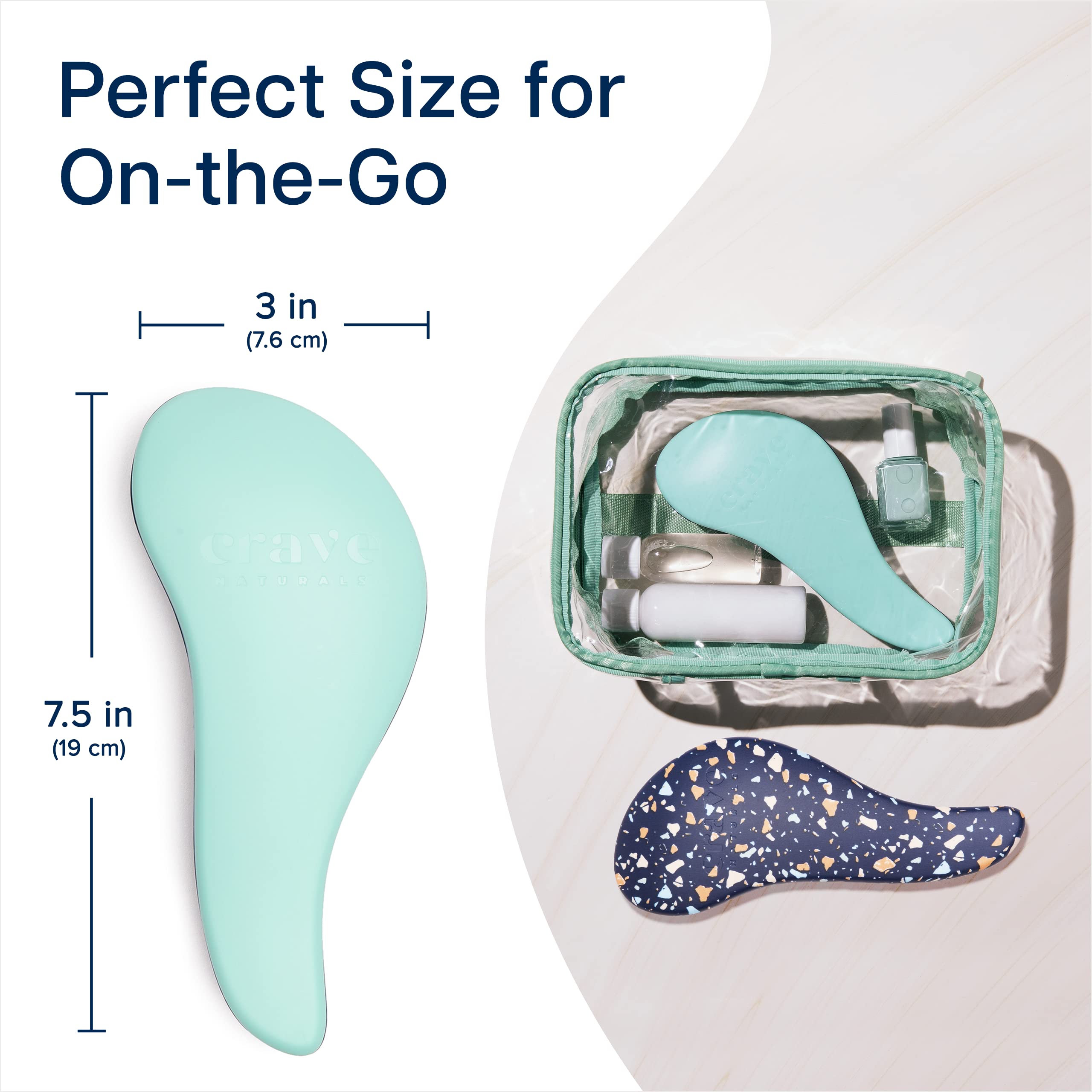 Crave Naturals Glide Thru Detangling Brush compact size fits in hand and bag.