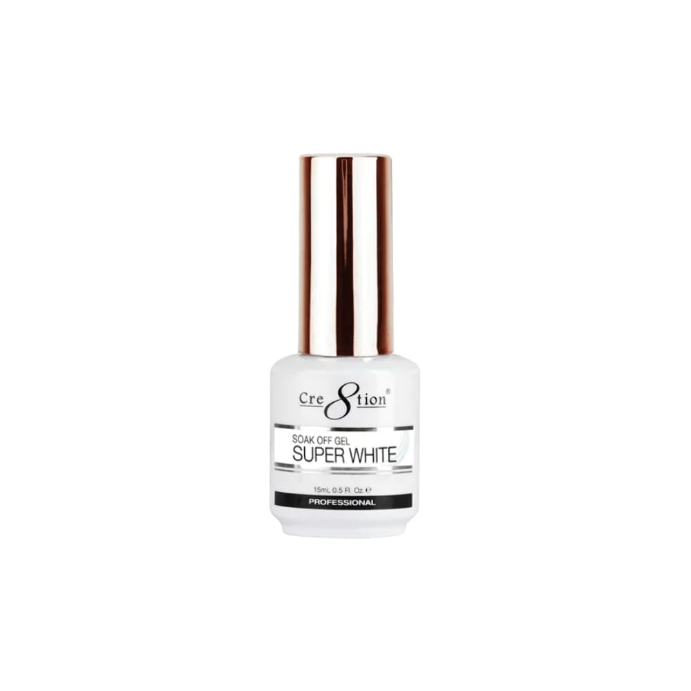 Cre8tion Super White soak-off gel polish bottle with chip-resistant, fast-drying formula.