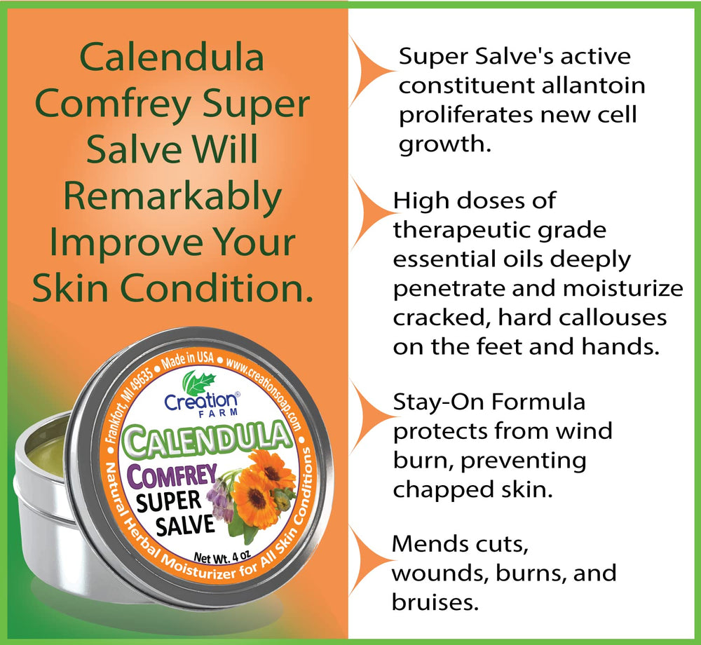 Creation Pharm Calendula Salve hand-application scene shows versatile daily care.
