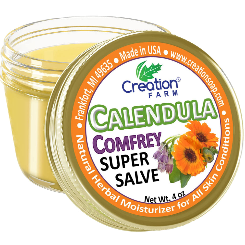 Creation Pharm Calendula Salve jar closeup shows rich texture for daily hydration.