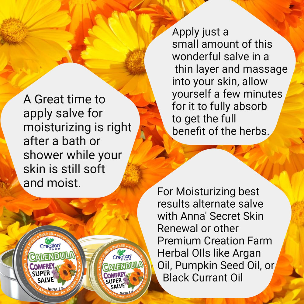 Creation Pharm Calendula Salve label detail shows gluten- and paraben-free promise.