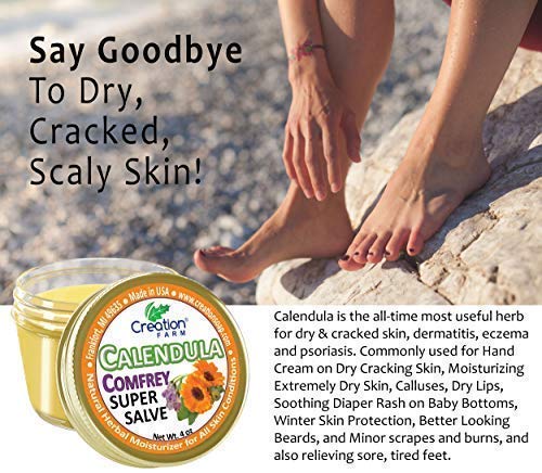 Creation Pharm Calendula Salve natural ingredients label highlights calendula and botanicals.
