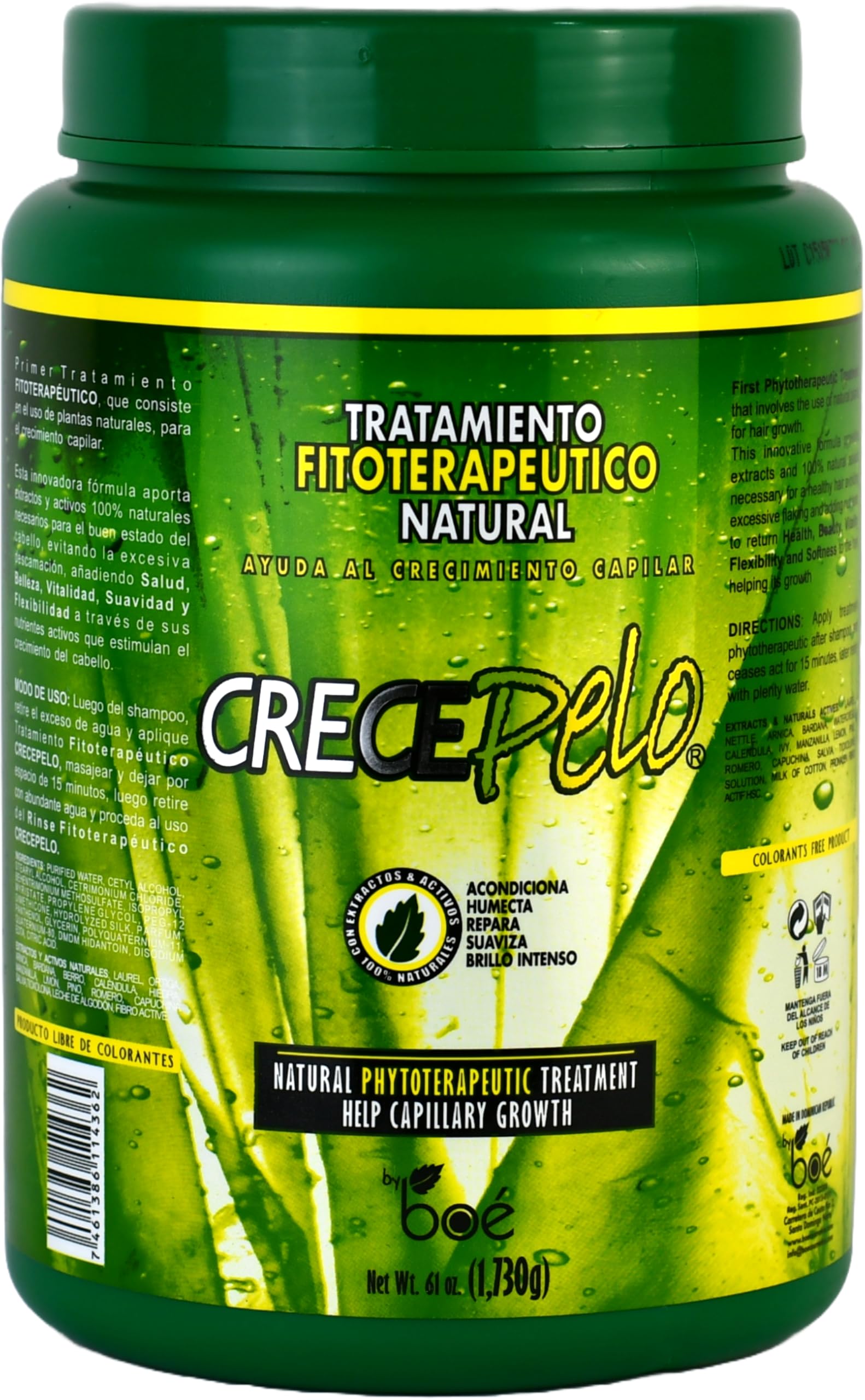 Crece Pelo 61oz jar close-up showing generous size for deep conditioning