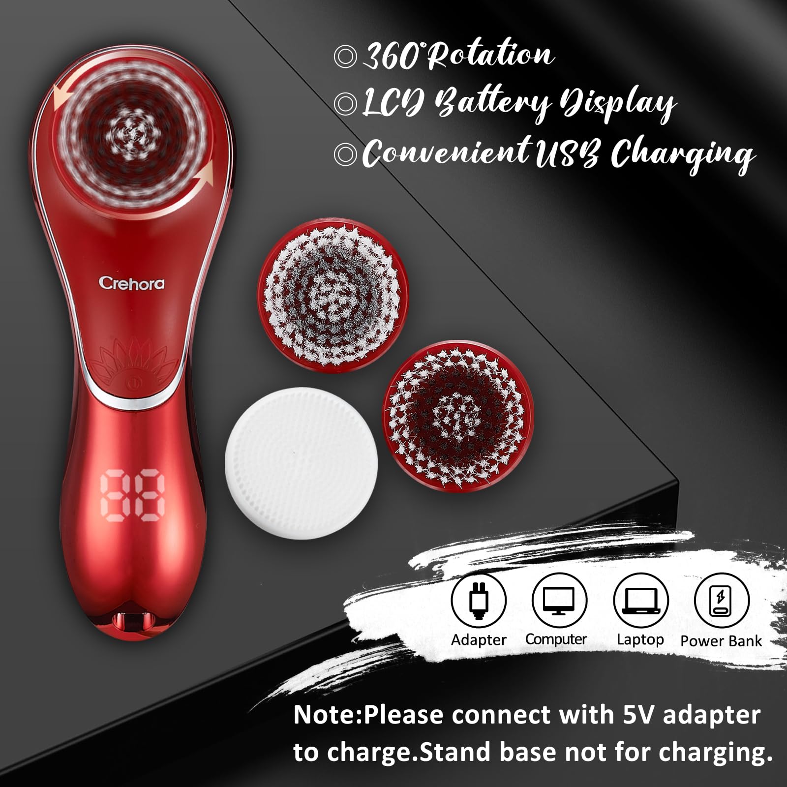Crehora silicone head shown for gentle touch and hygienic cleansing.