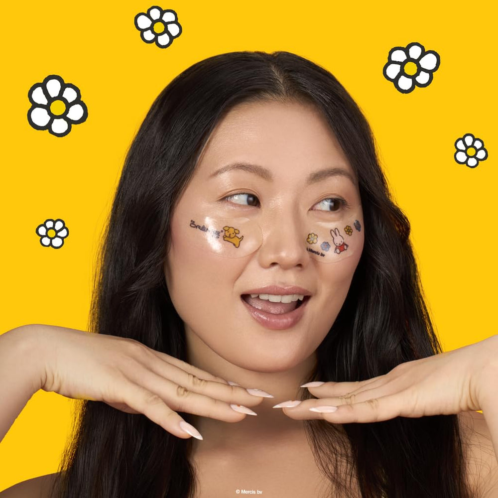 Applying The Crème Shop Miffy under-eye patches for de-puffing and revived appearance