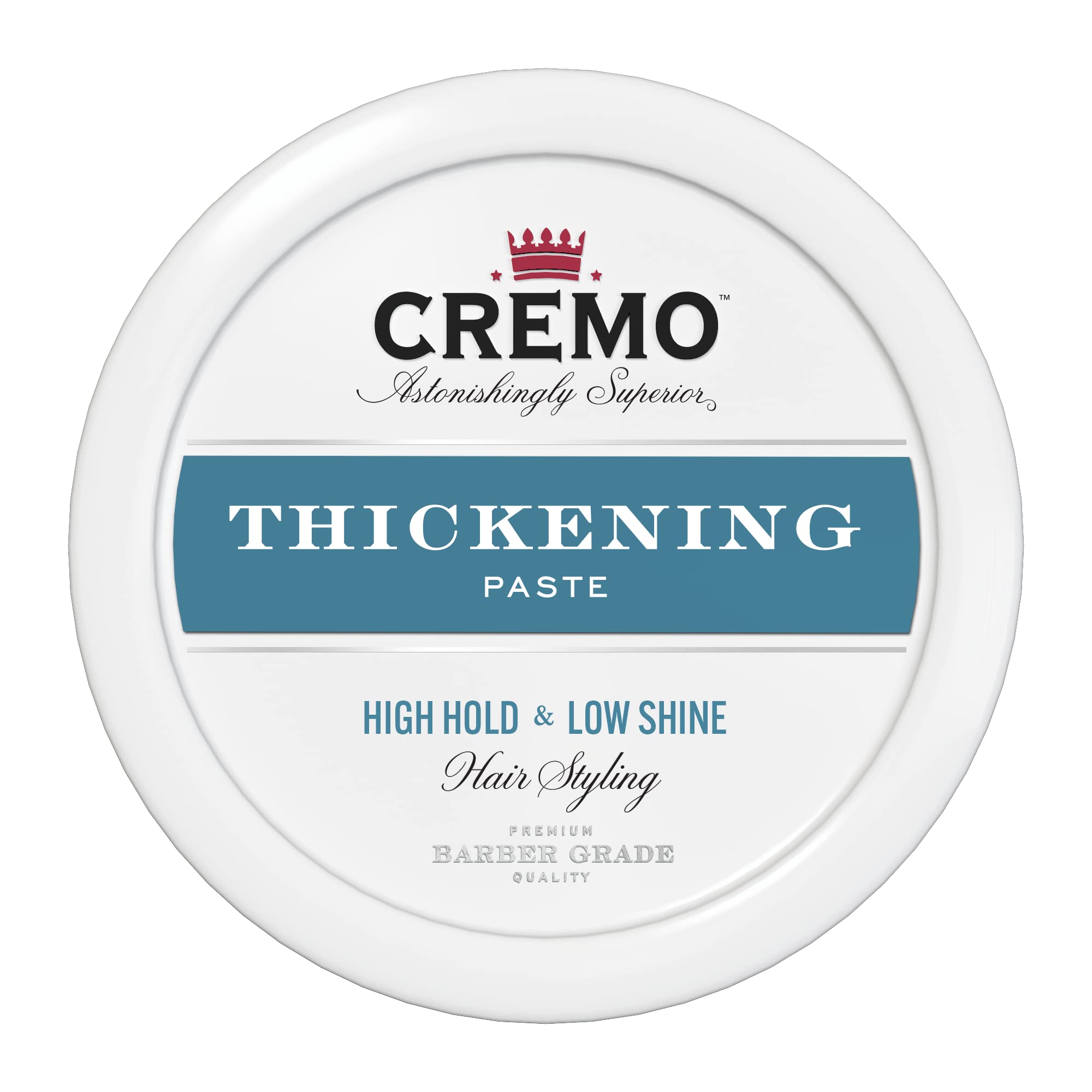 Cremo Barber Grade Thickening Paste pack shot for all-day hold and volume.