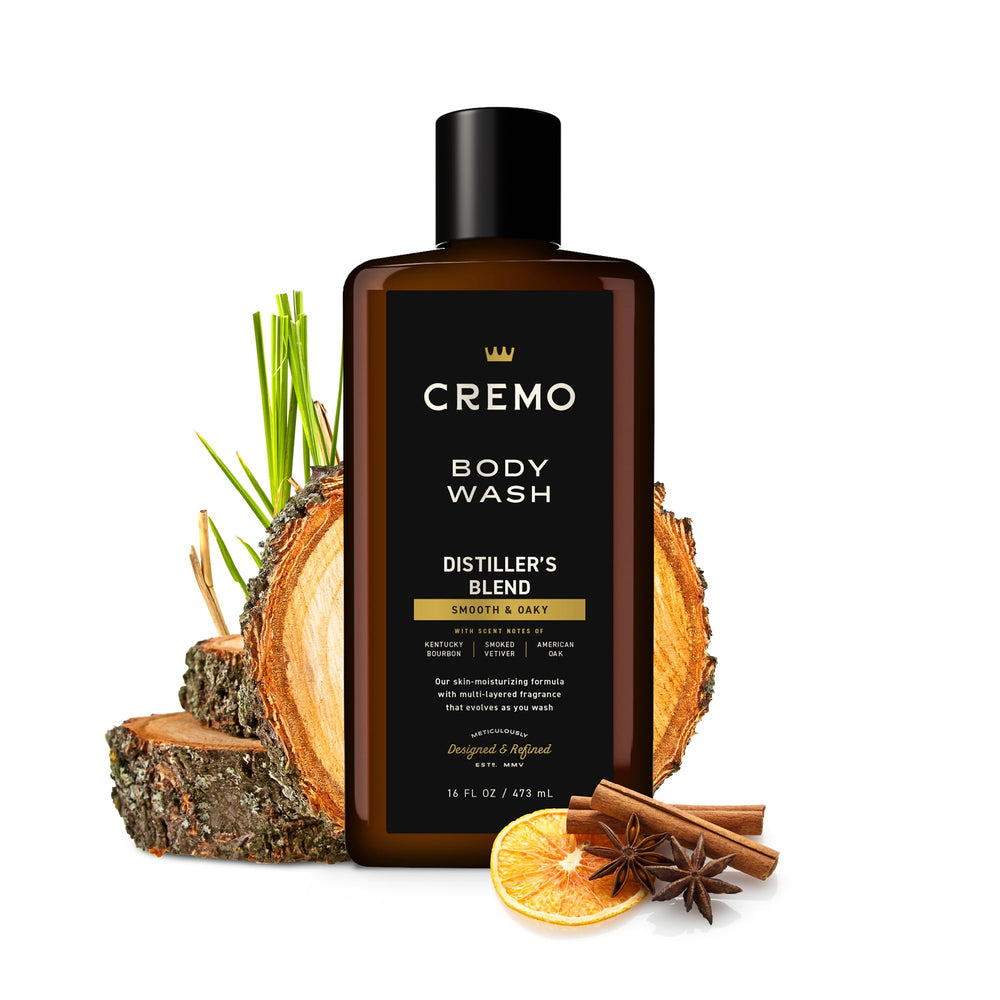 Cremo Body Wash American oak bottle shot grooming routine enhancement.
