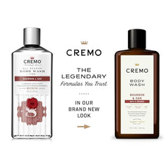 Cremo Bourbon & Oak body wash close-up texture foamy lather emphasizes hydration.
