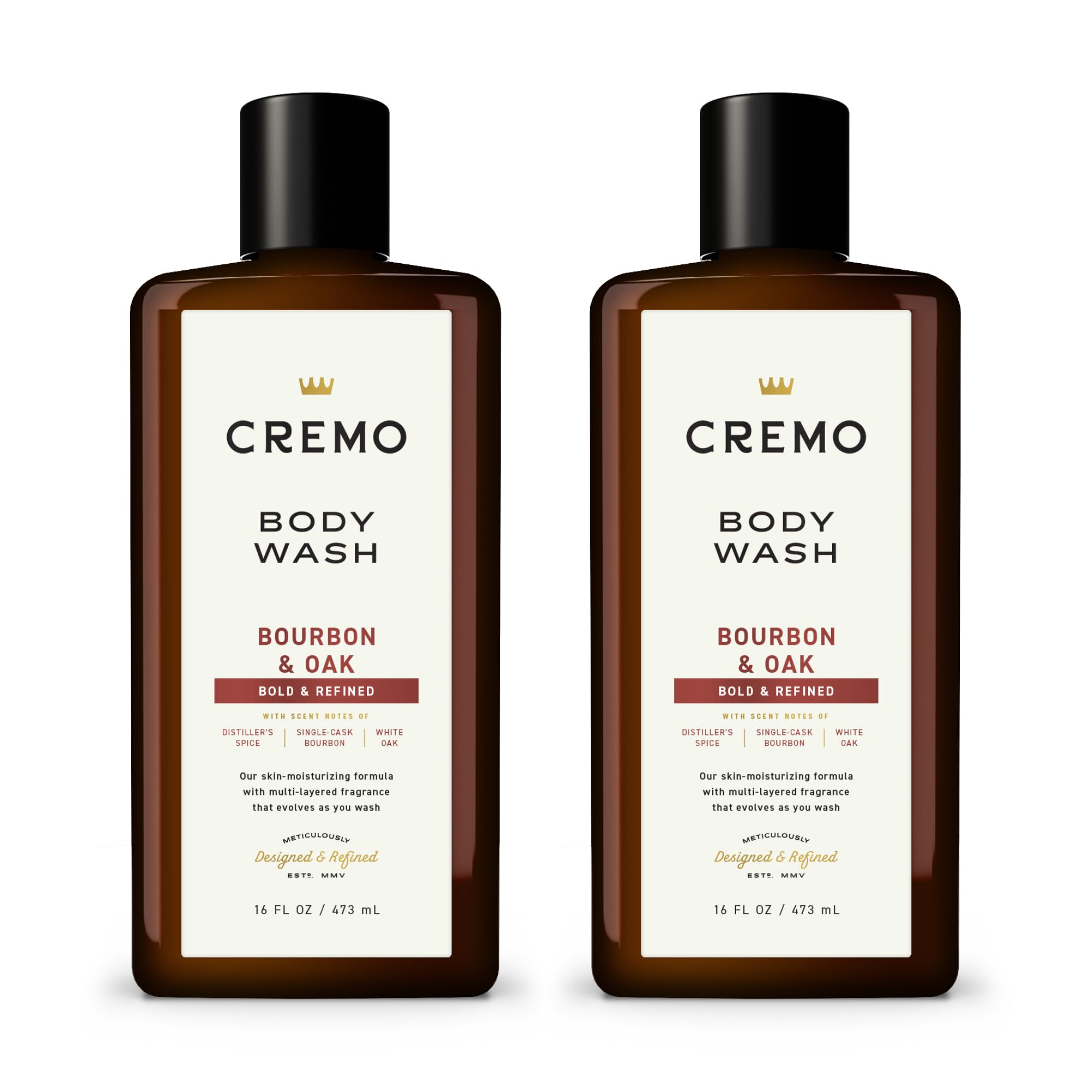 Cremo Bourbon & Oak body wash bottle front view highlighting distiller's spice aroma for a refined morning ritual.