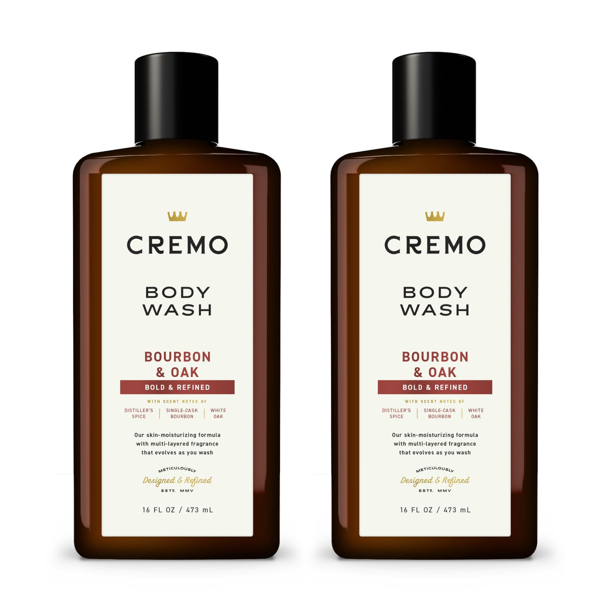 Cremo Bourbon & Oak body wash bottle front view highlighting distiller's spice aroma for a refined morning ritual.