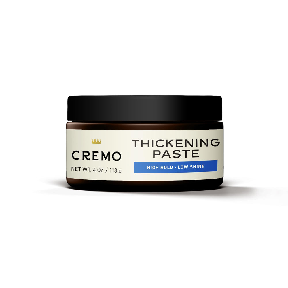 Cremo Hair Thickening Paste jar-closeup emphasizes premium packaging
