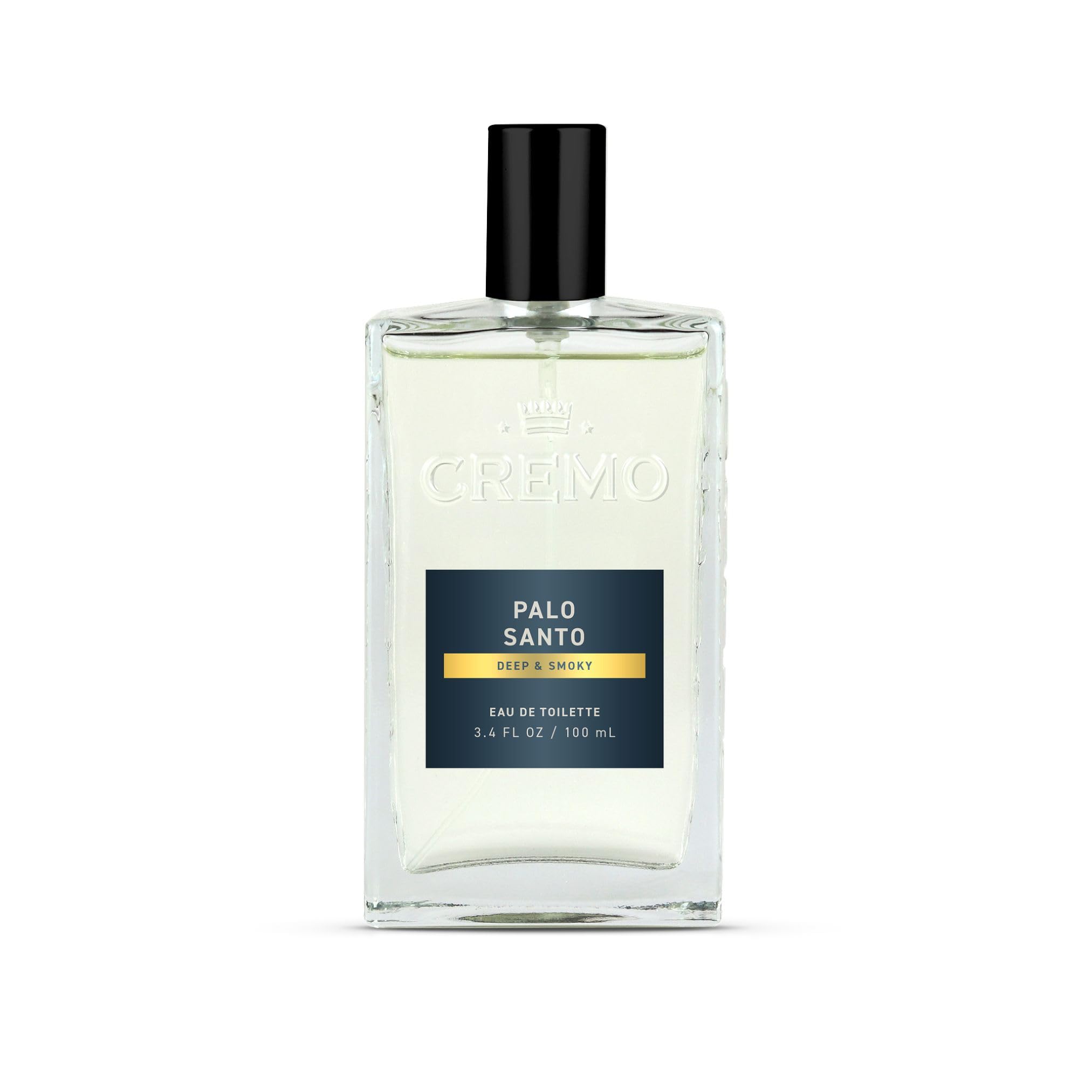 Cremo Palo Santo Cologne bottle front view with a long-lasting masculine fragrance.