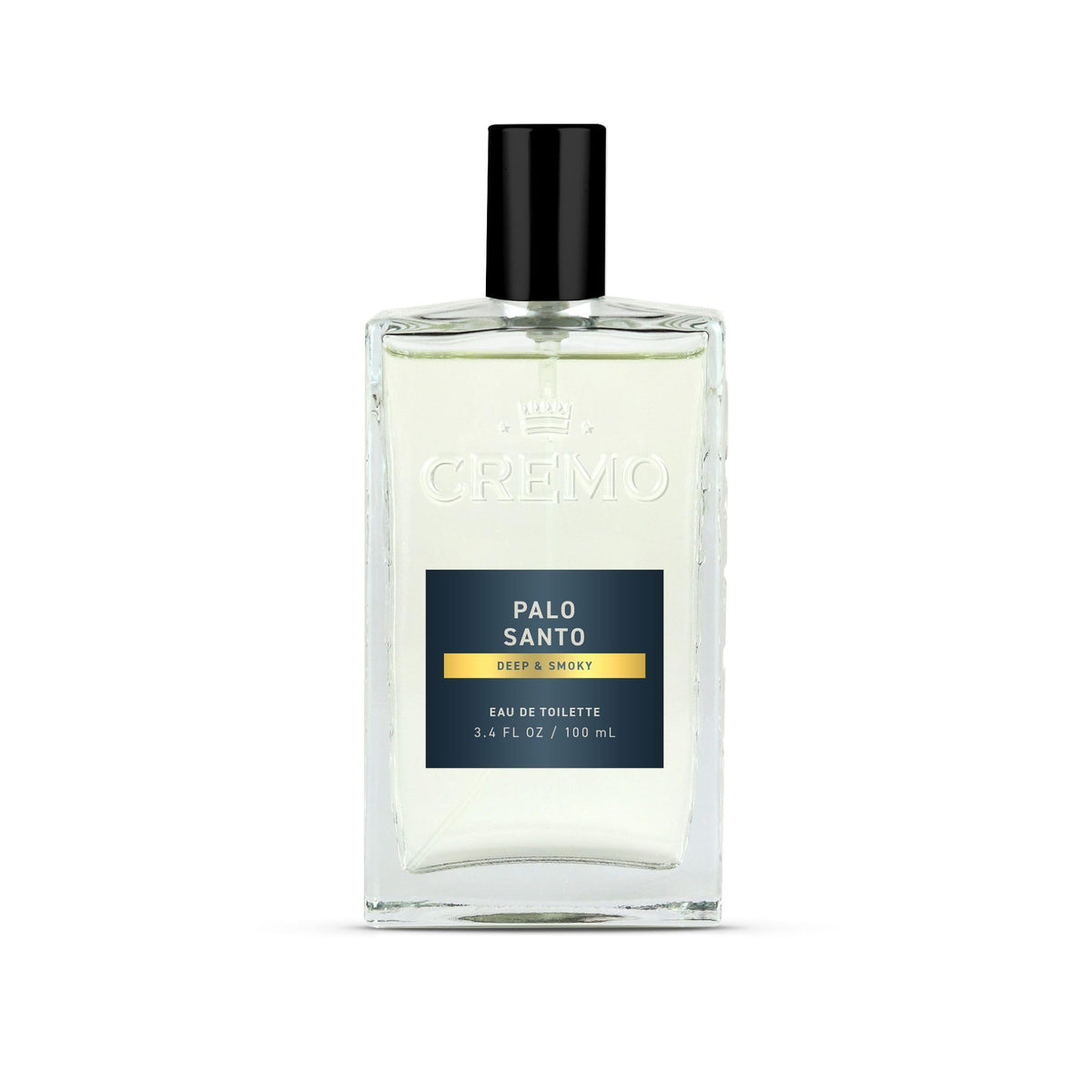 Cremo Palo Santo Cologne bottle front view with a long-lasting masculine fragrance.