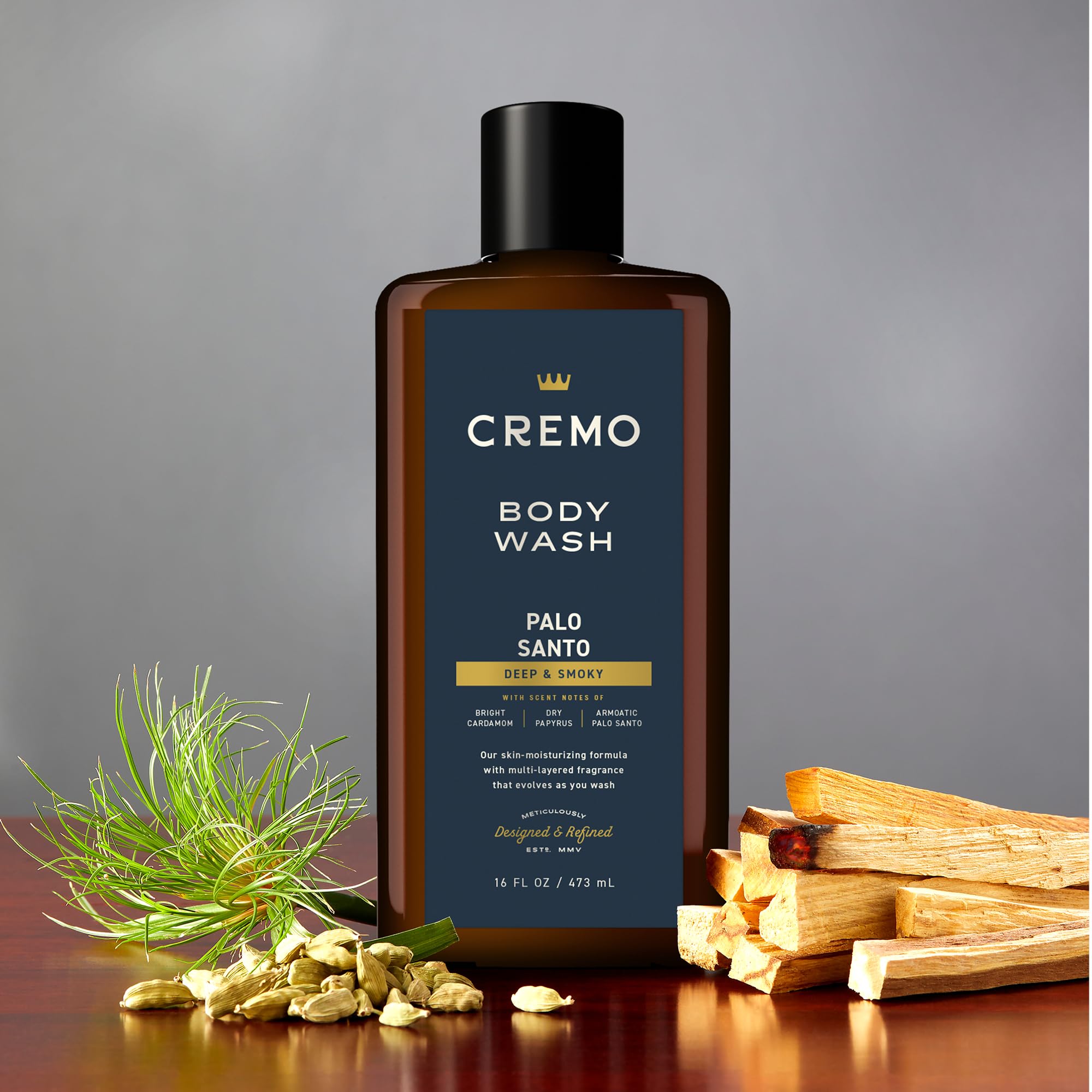 Cremo Palo Santo shower scene suggests evolving scent without overpowering.
