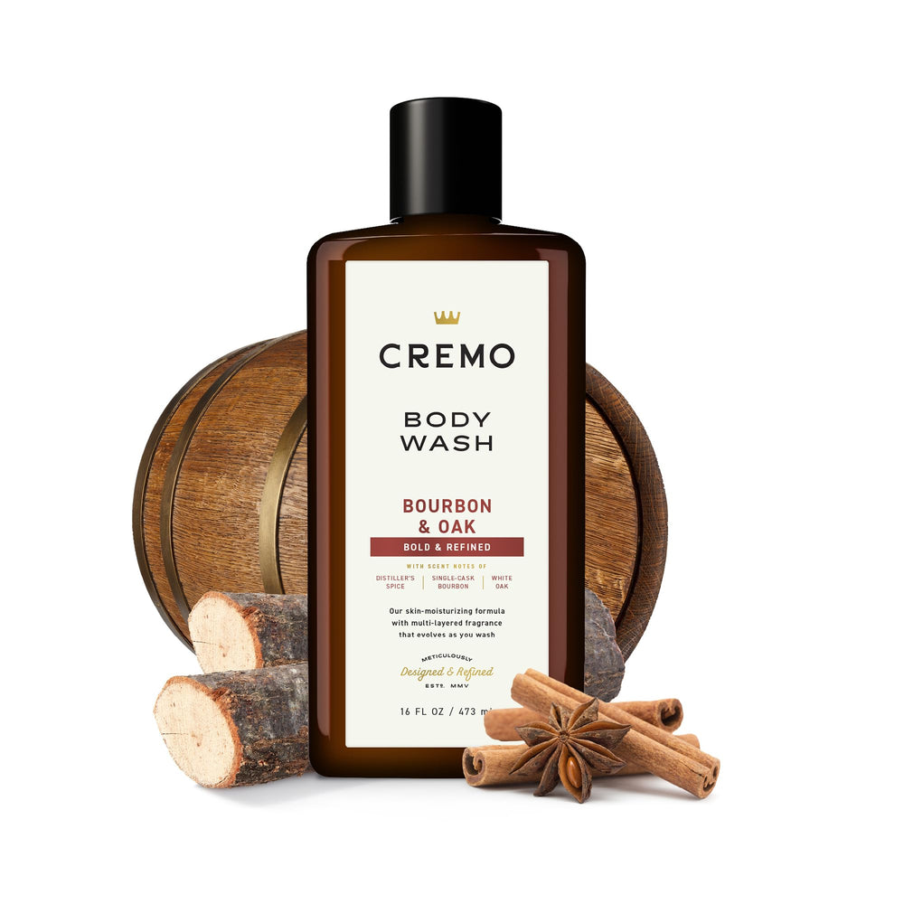 Cremo Rich-Lathering Bourbon & Oak body wash product shot illustrating marula oil nourishment.
