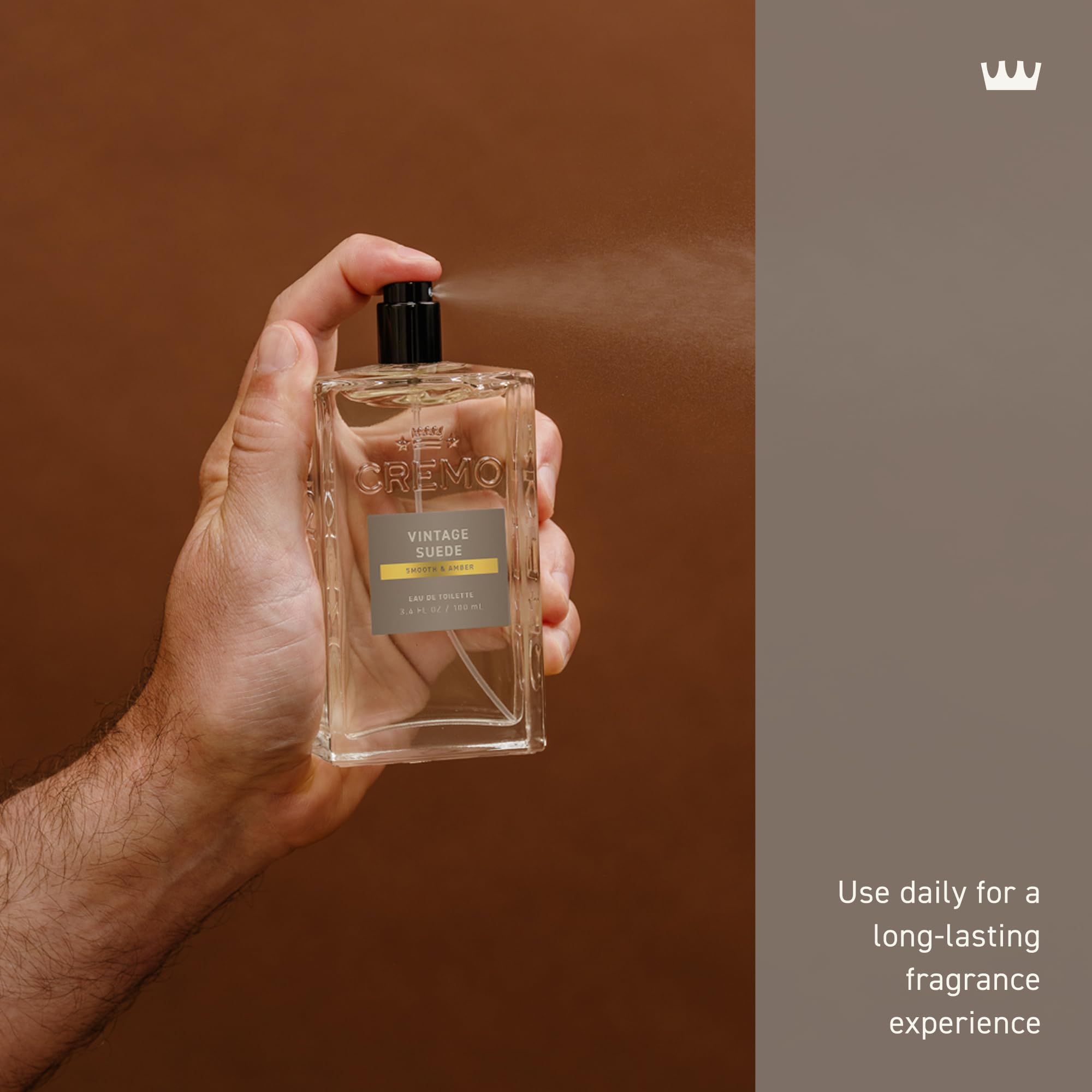 Cremo Vintage Suede base notes visual emphasizes suede richness for evenings