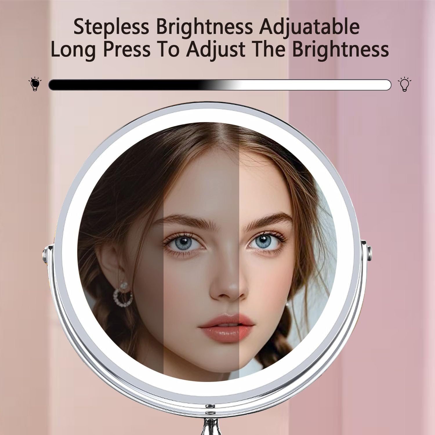 Creocasy chrome-finish mirror rests securely on non-slip base.