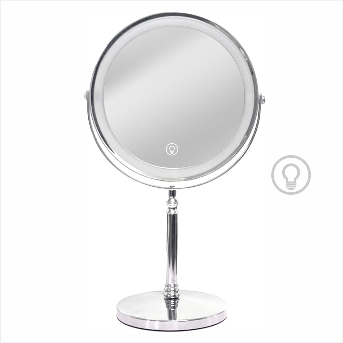 Creocasy makeup mirror with lights front view shows chrome finish for daily makeup.