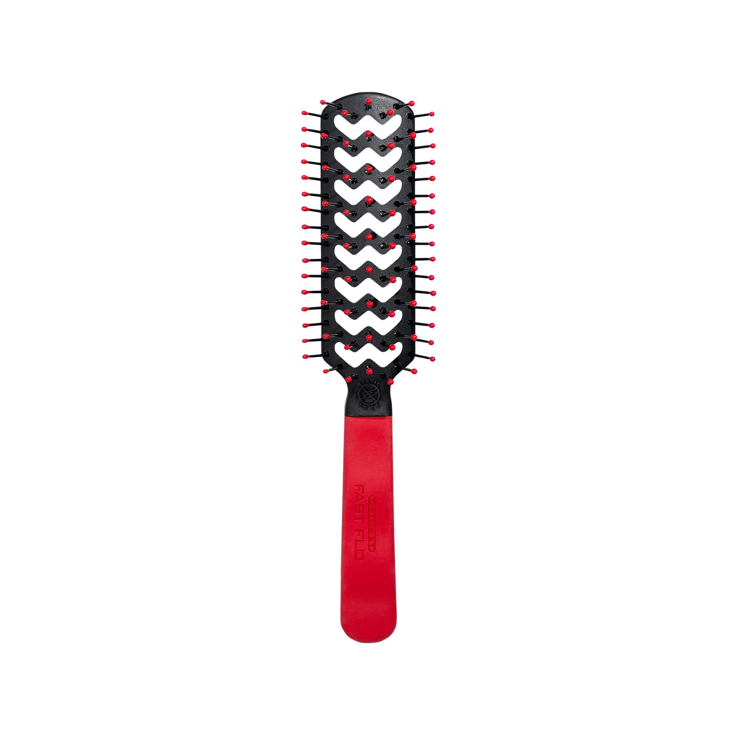 Cricket Static Free Fast Flo Color Vent Hair Brush in red close-up shows anti-static detangling benefits.