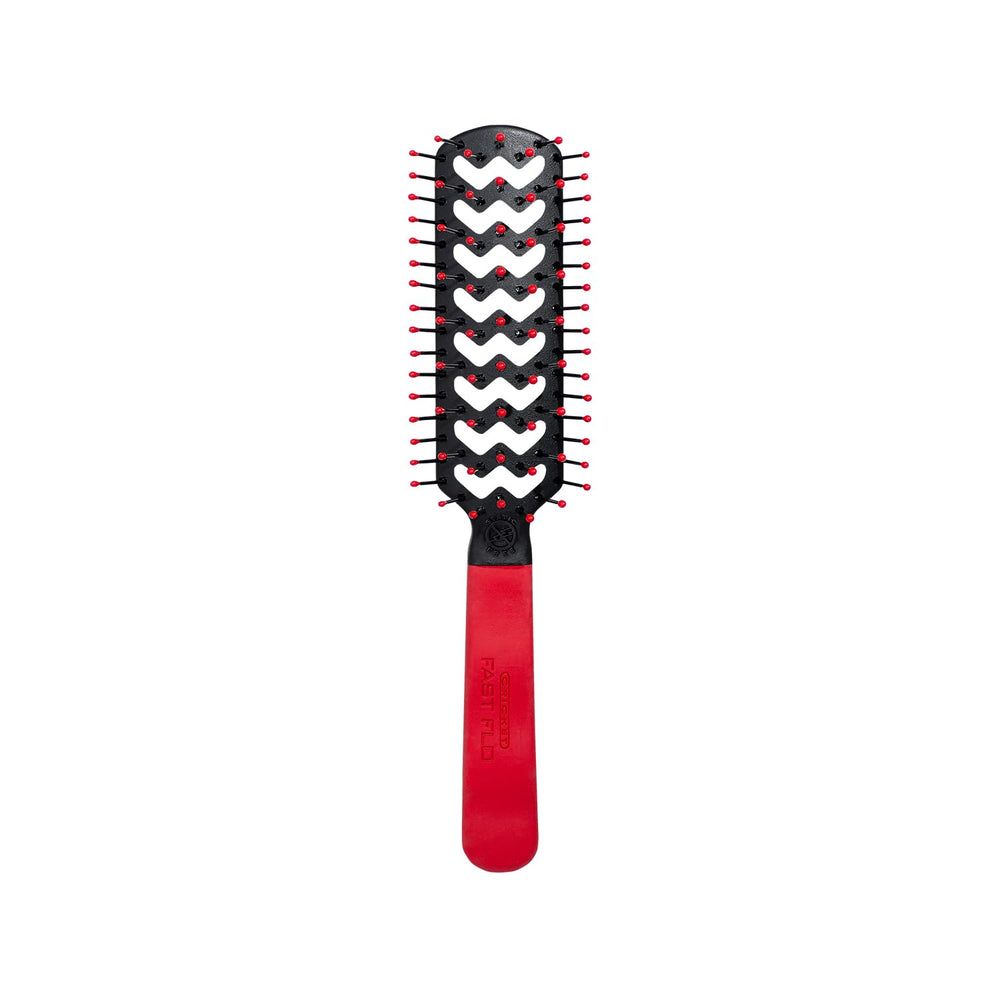 Cricket Static Free Fast Flo Color Vent Hair Brush in red close-up shows anti-static detangling benefits.