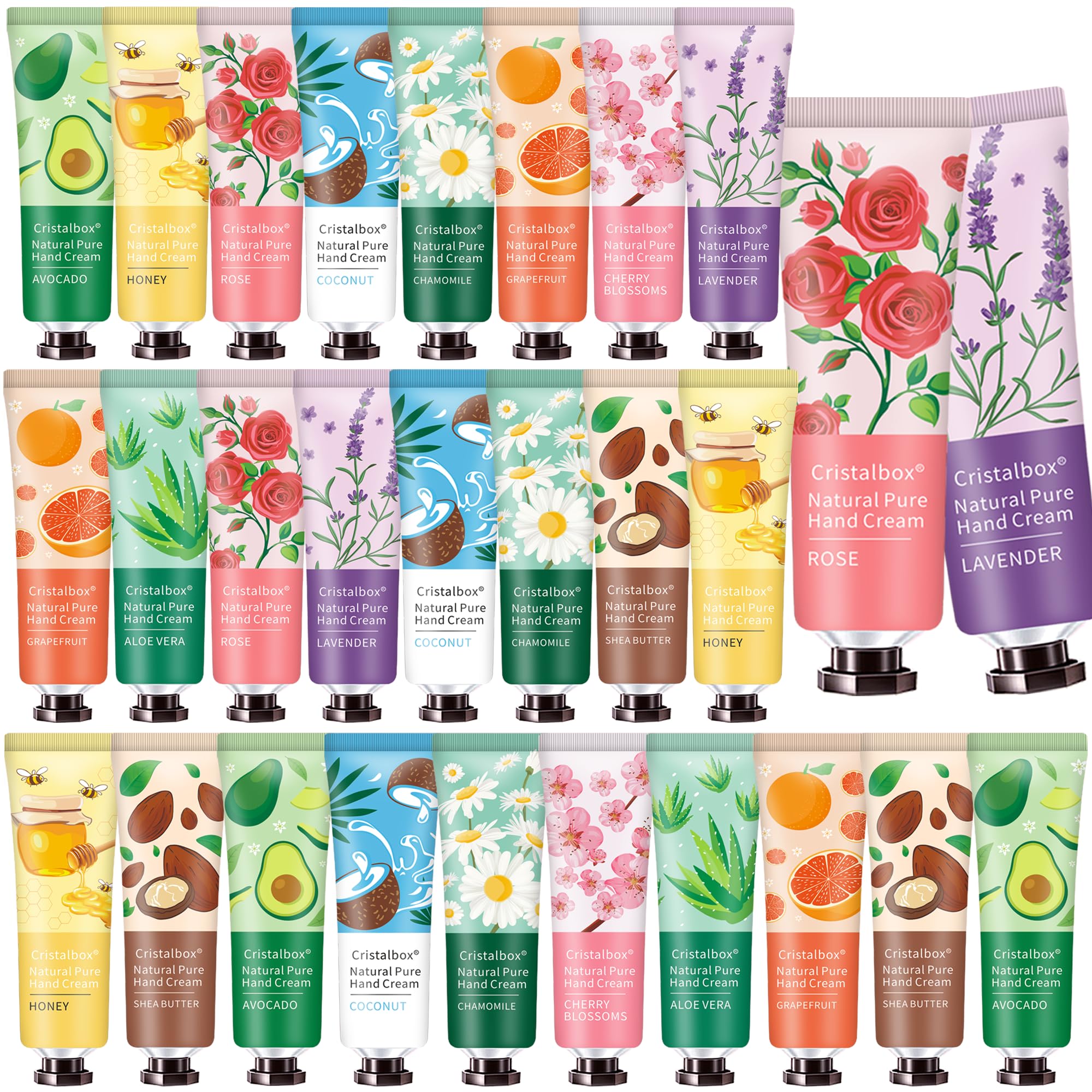 CRISTALBOX 28-pack hand cream variety set showing colorful tubes for daily moisture.