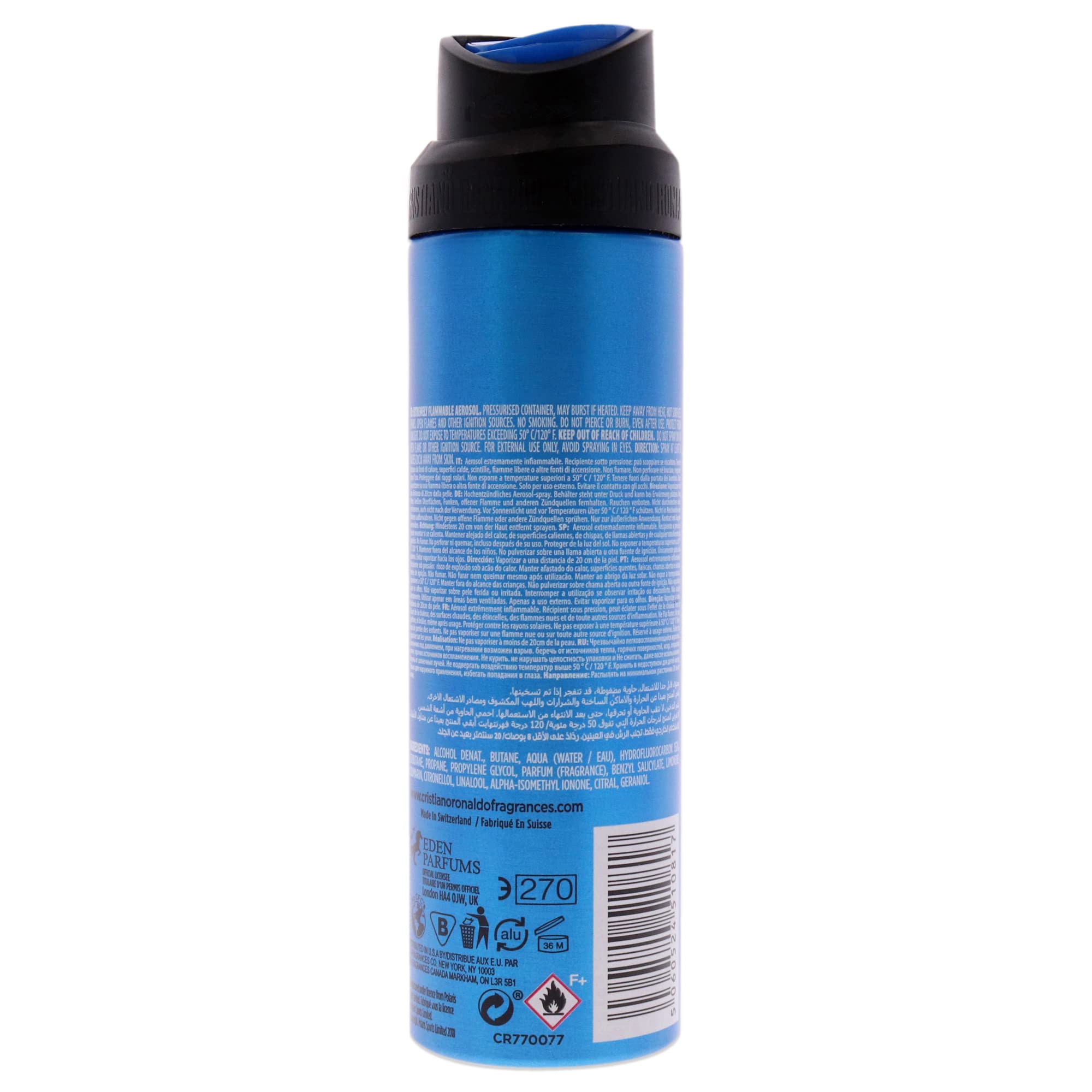 CR7 Play It Cool bottle close-up with icy blue tones evoking invigorating scent for workouts.
