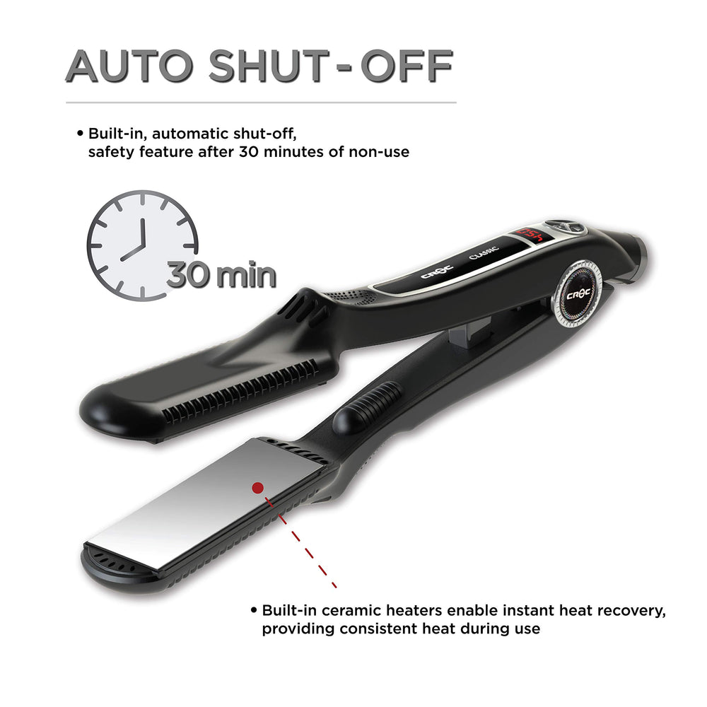 CROC Classic nano-titanium flat iron heat settings display for precise styling control.