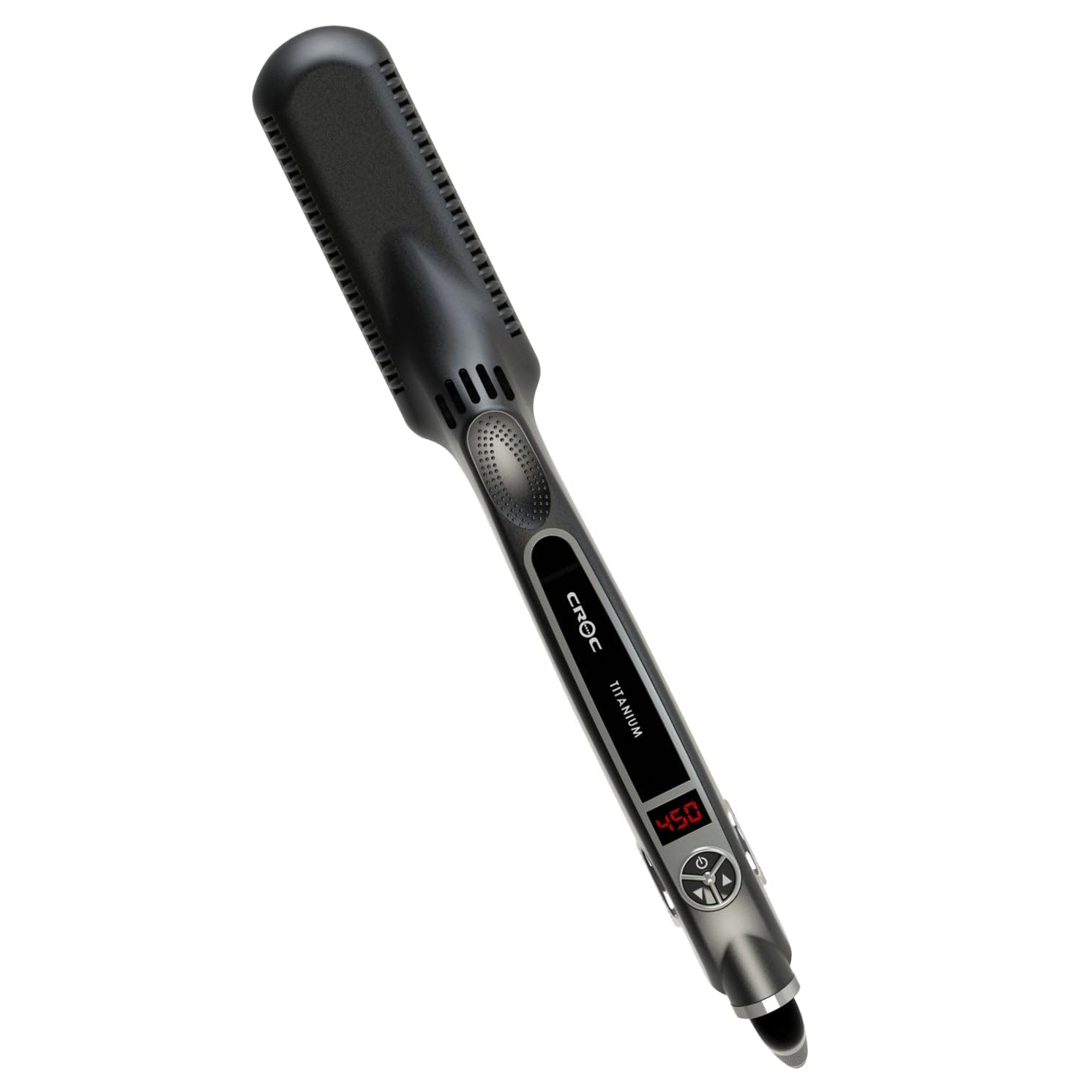 CROC Classic flat iron plates close-up with titanium shine for smooth, frizz-control styling.