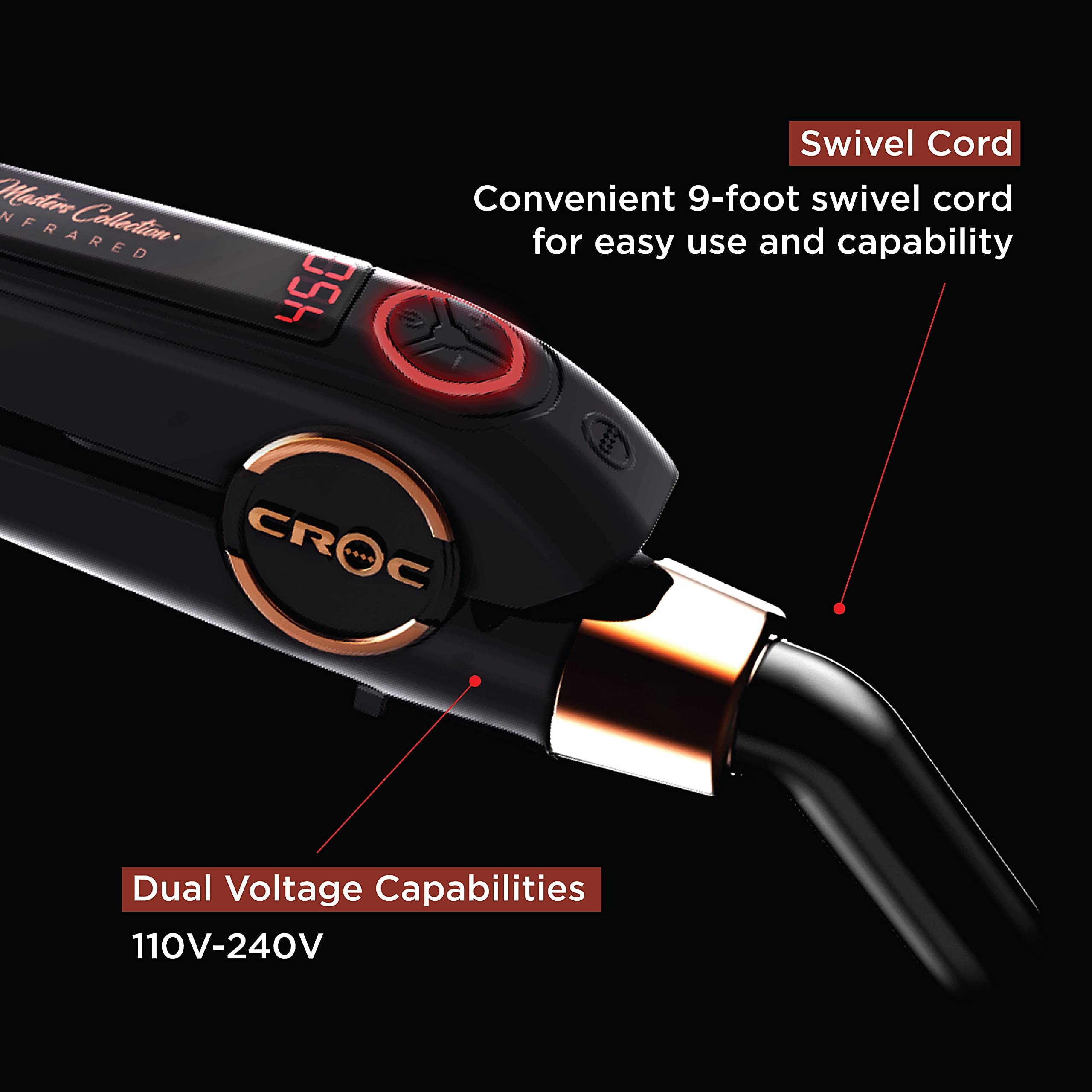 CROC Masters infrared flat iron travel-case image suggests on-the-go styling convenience