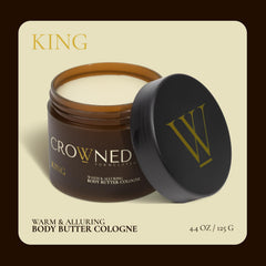 Crowned Skin King Cologned Body Butter jar closeup shows rich texture.