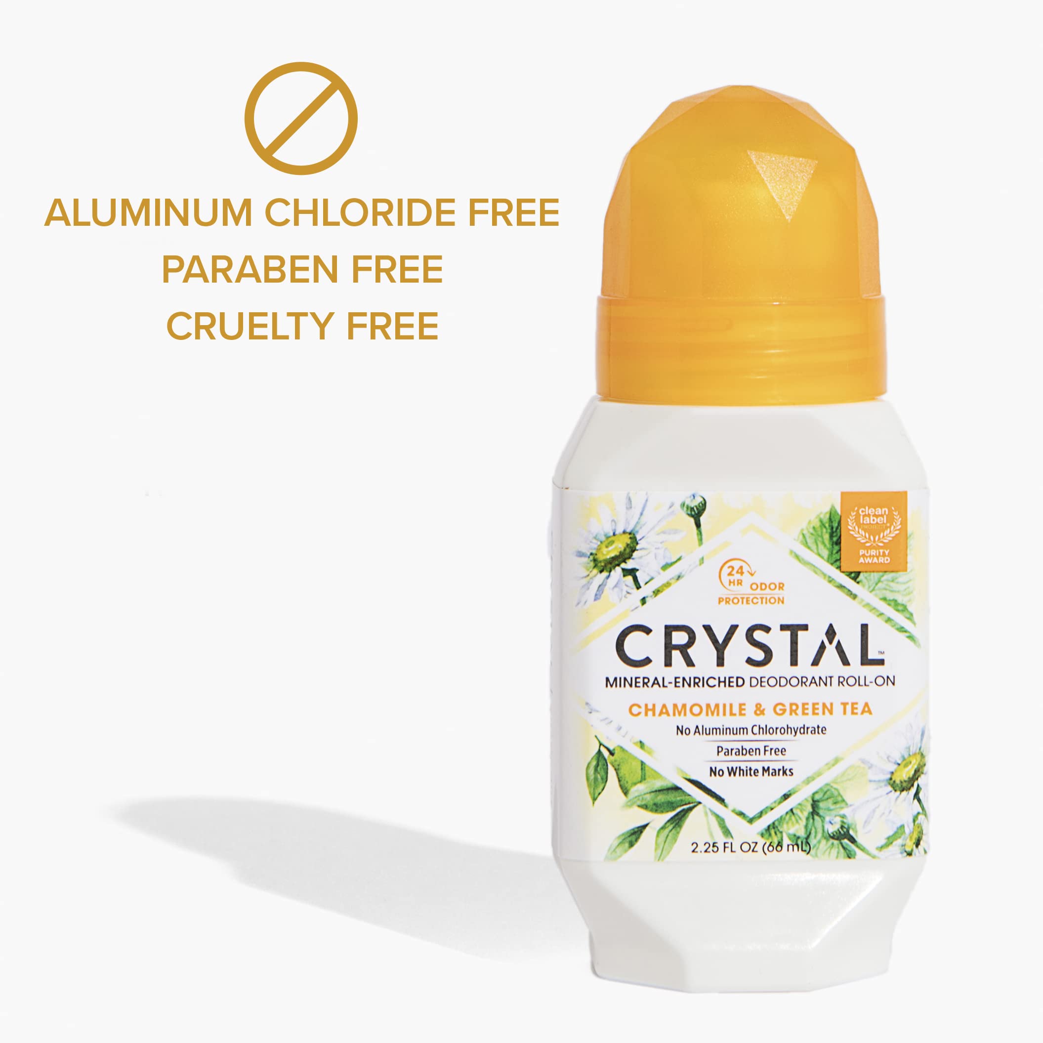 Crystal Essence Chamomile Green Tea roll-on application shows gentle, non-sticky use.