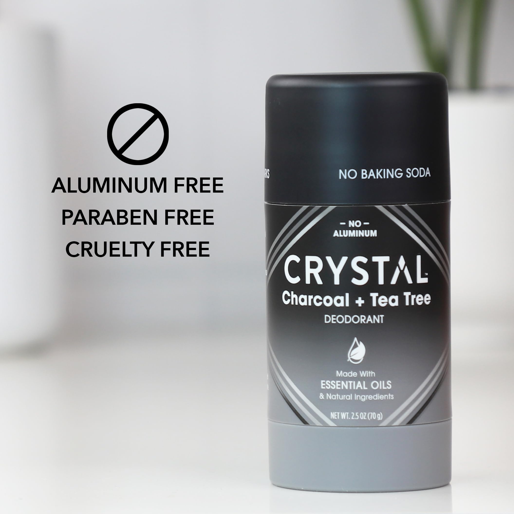 Crystal Essence charcoal tea tree deodorant pack of 2 packaging highlights long-lasting supply.