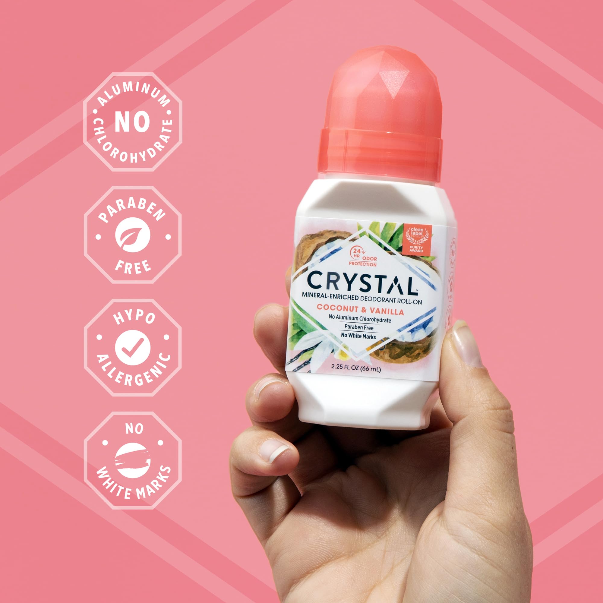 Crystal Essence Coconut Vanilla roll-on being applied shows smooth glide.