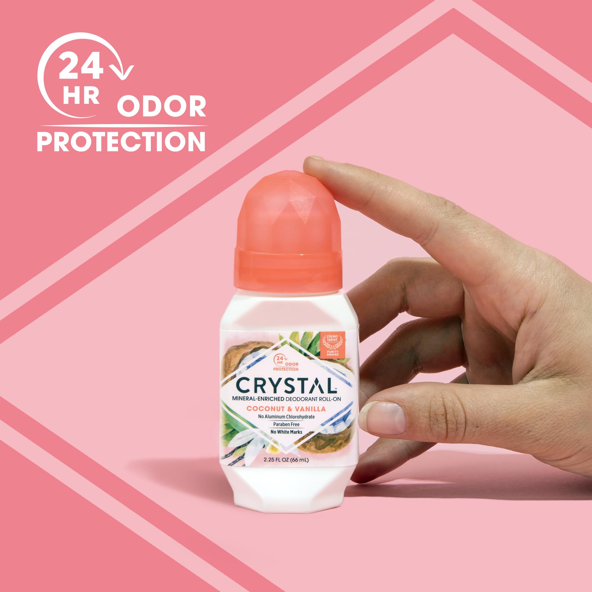 Crystal Essence Coconut Vanilla roll-on mineral salt formula highlights clean ingredients.