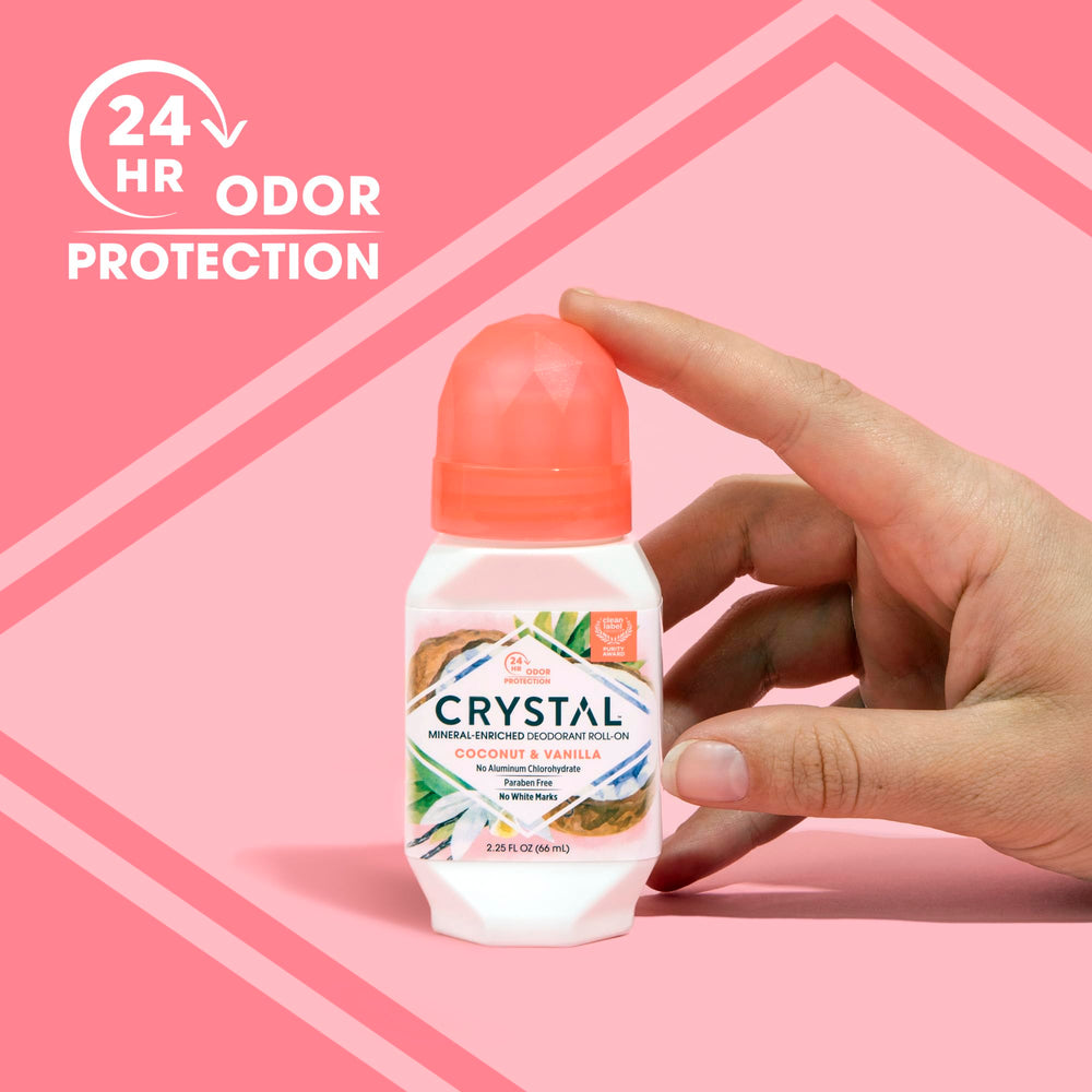 Crystal Essence Coconut Vanilla roll-on mineral salt formula highlights clean ingredients.